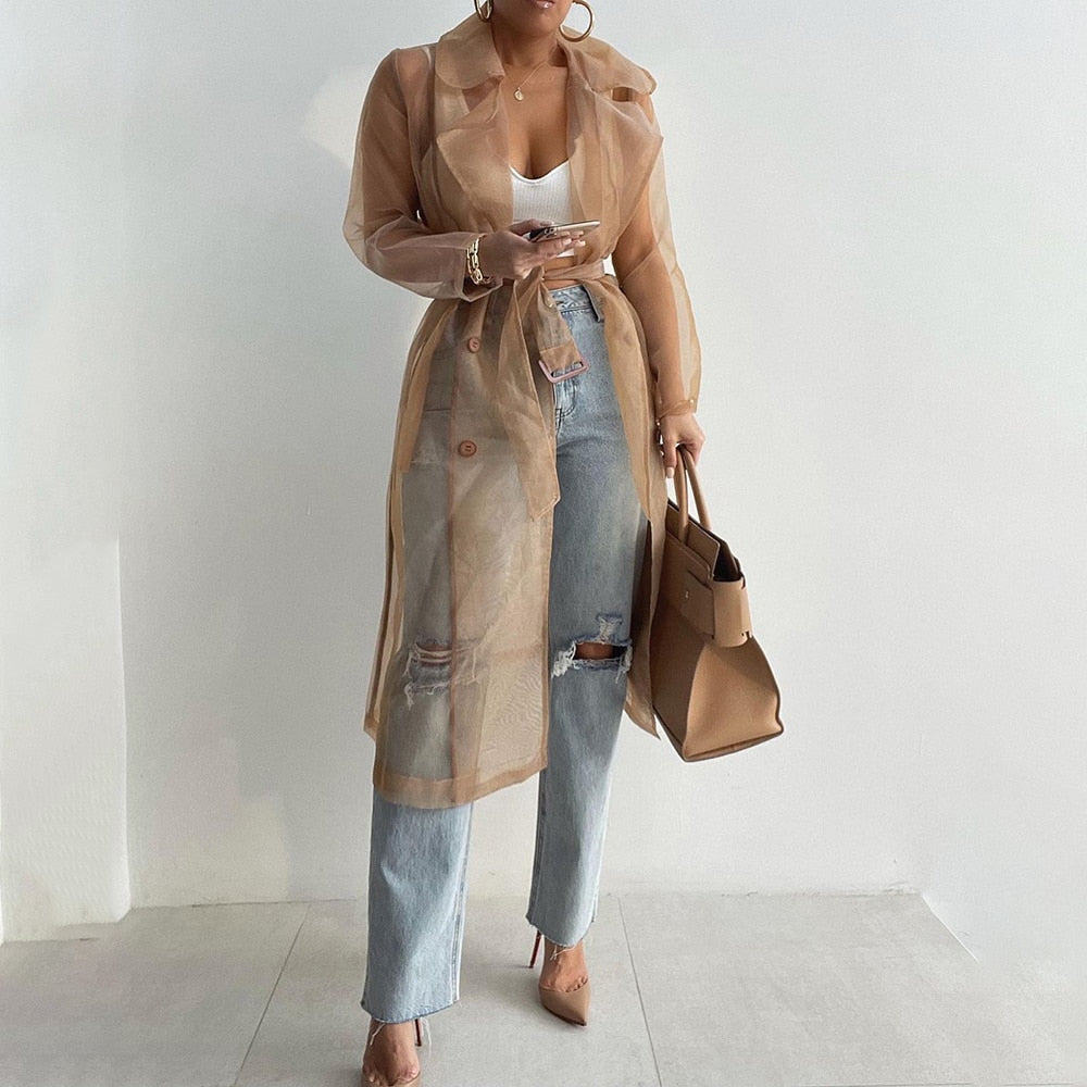 Solid Sheer Mesh Long Sleeve Buttoned Coat With Belt