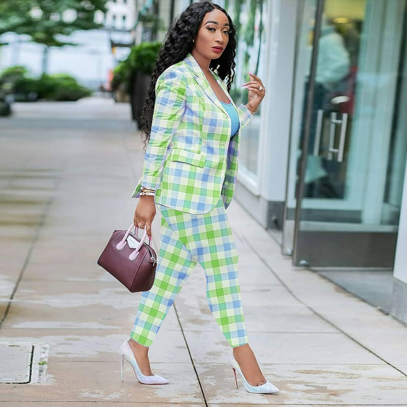 Office Lady Suit Women Autumn New Plaid Print Elegant Business Uniform Sets Notched Neck Blazer And Straight Pants 2 Piece Suits