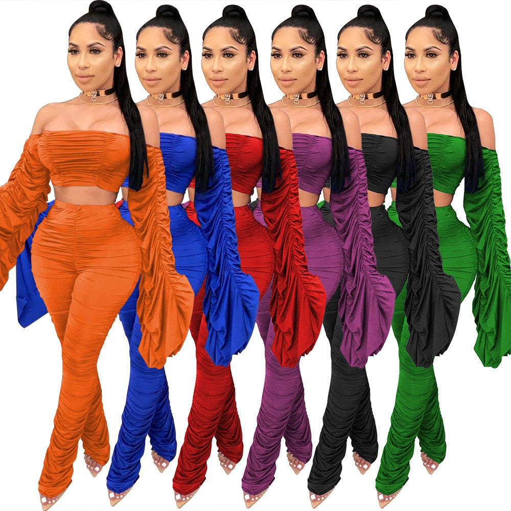 Sexy Two Piece Set Women Festival Clothing Ruched Flare Sleeve Crop Top and Stacked Pants Leggings Birthday Night Club Outfits
