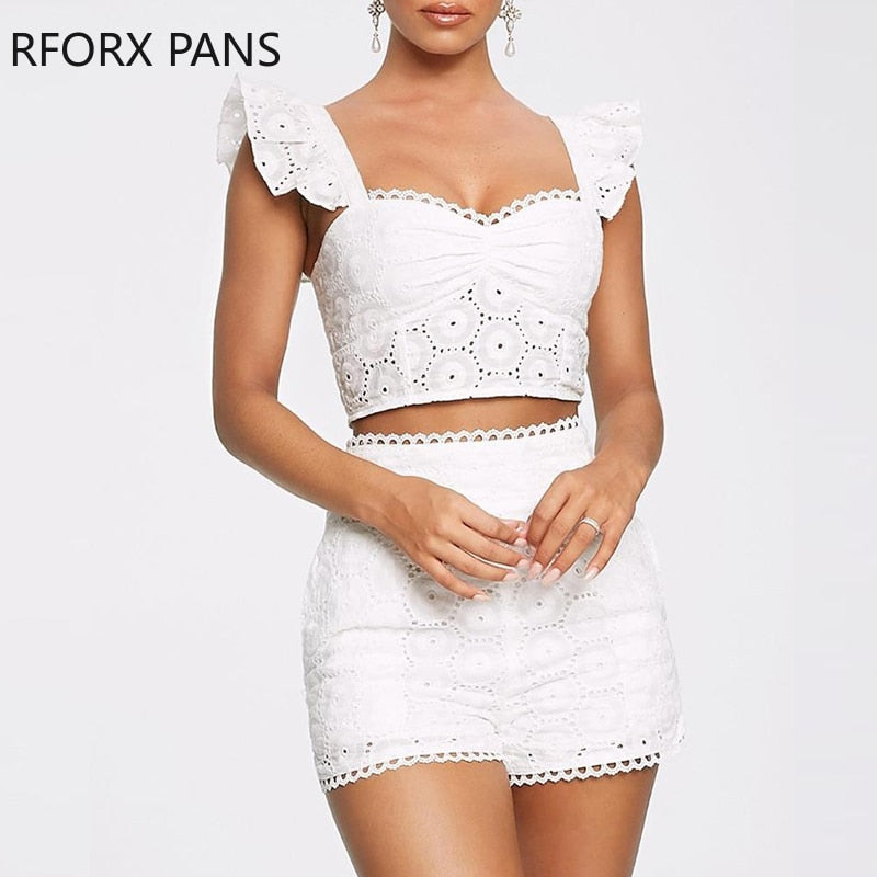 Lace Ruffles Hollow Out Top & Short Sets