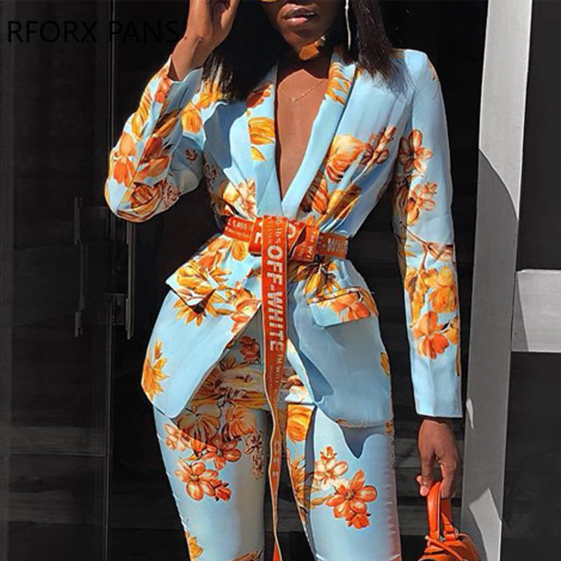 Women Chic Elegant All over Print Long Sleeve Sashes Ankle-Length Pants Spring Working Blazer Sets