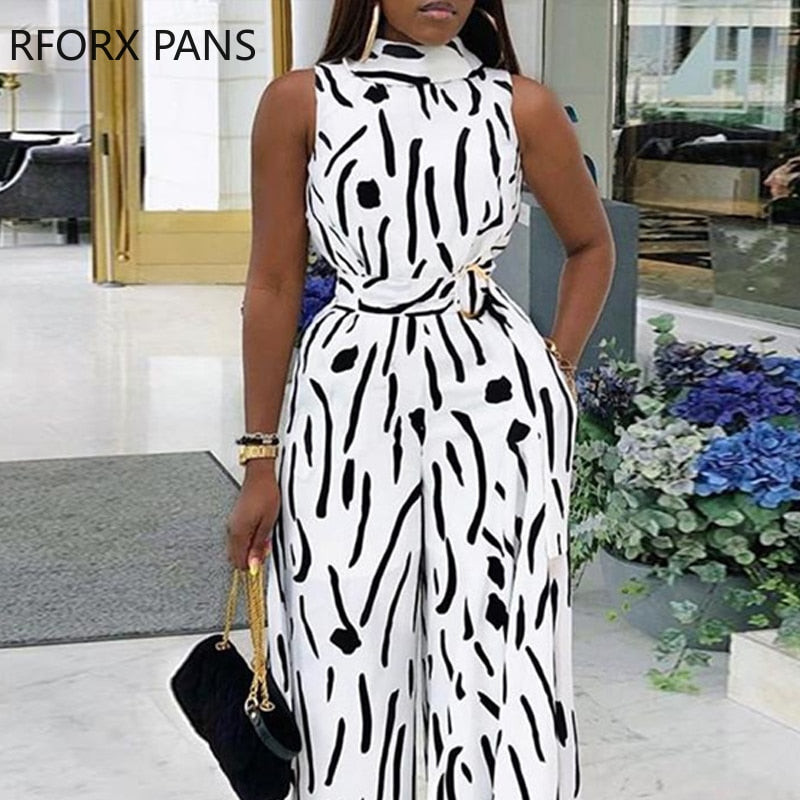 Abstract Print Sleeveless Wide Leg Jumpsuit