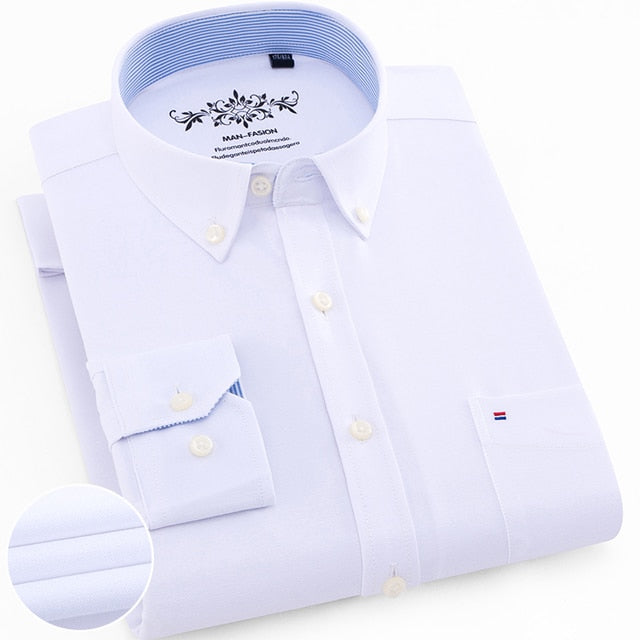 Men's Regular-Fit Long-Sleeve Sturdy Knit Oxford Shirt Plaid Striped Embroidered Pocket Button-down Casual Versatile Shirts