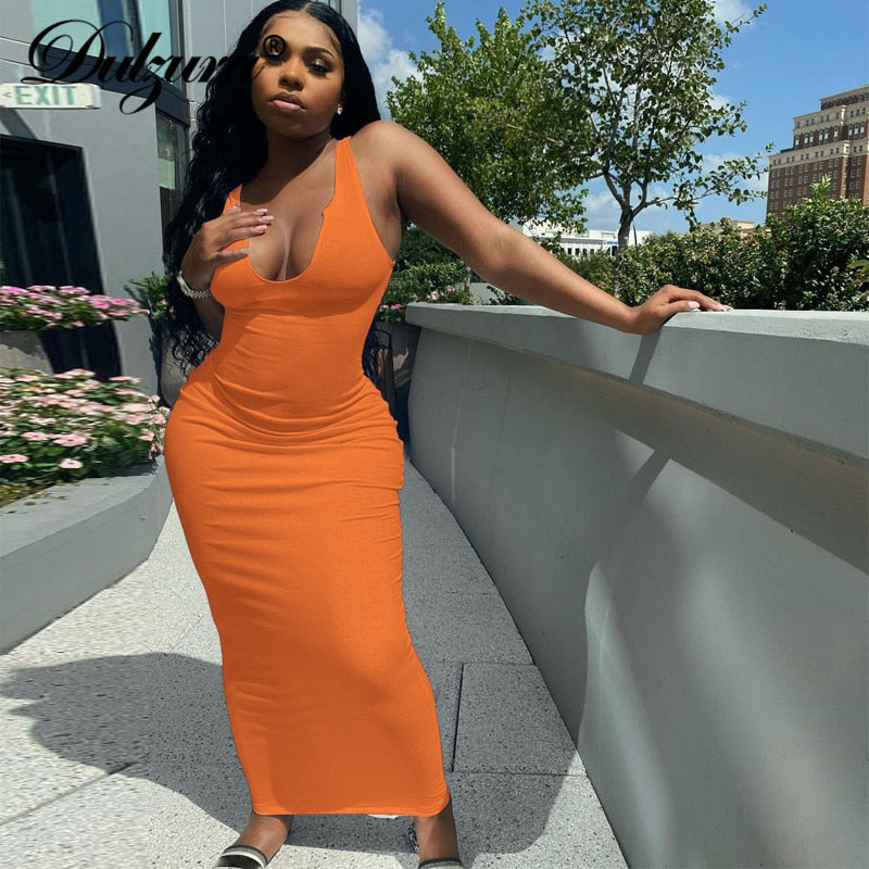 Dulzura Ribbed Knitted Stripe Women Pure Sleeveless Midi Dress V Neck Bodycon Sexy Streetwear Party Club Elegant 2021 Summer