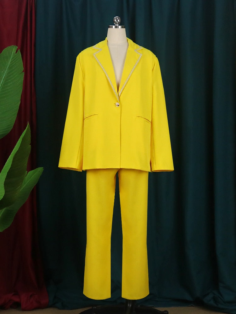 Elegant Pant Suits Women Jacket with Sequins Stretch Yellow Coat Trousers Set Spring Fall Clothes 2 Piece Business Suits Ladies