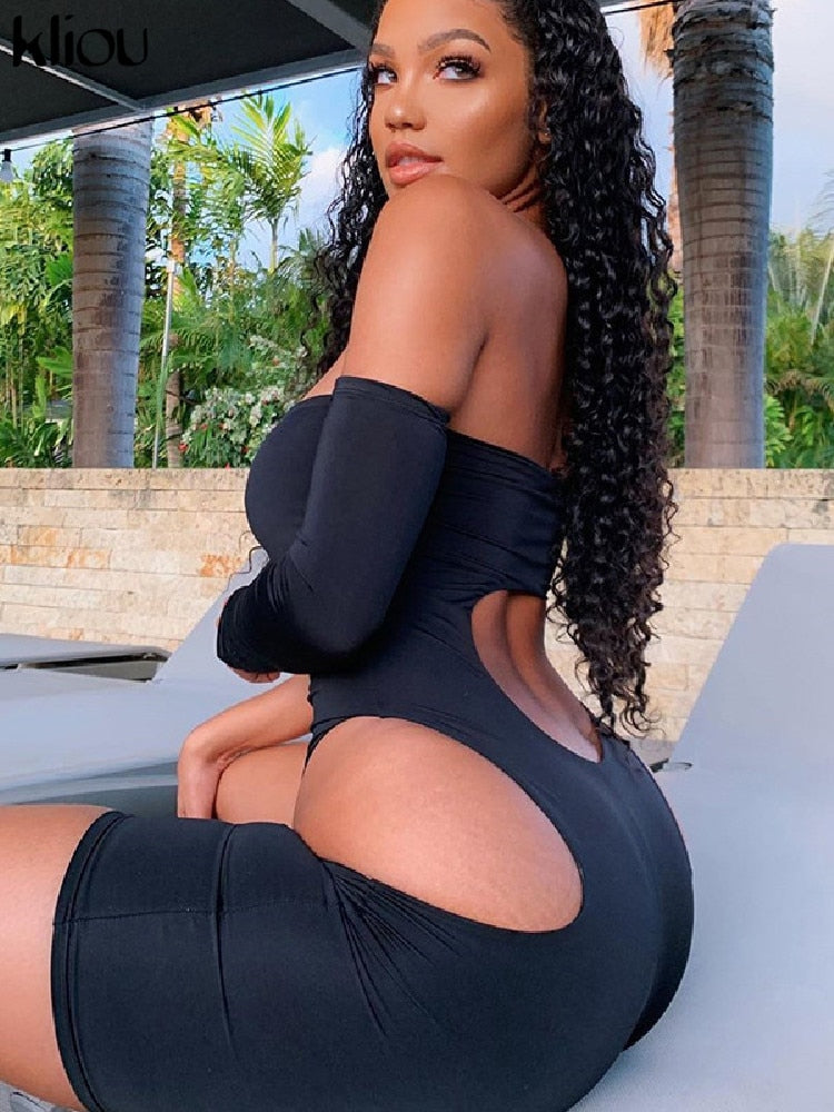 Kliou hollow out black solid playsuit one-shoulder asymmetric sleeve beach style rompers slash neck Skinny streetwear