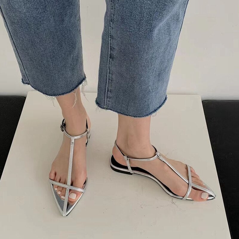 SUOJIALUN Fashion Narrow Band Women Sandals Flat Heel Back Strap Summer Gladiator Shoes Casual Pointed Toe Sandal Big Size 42