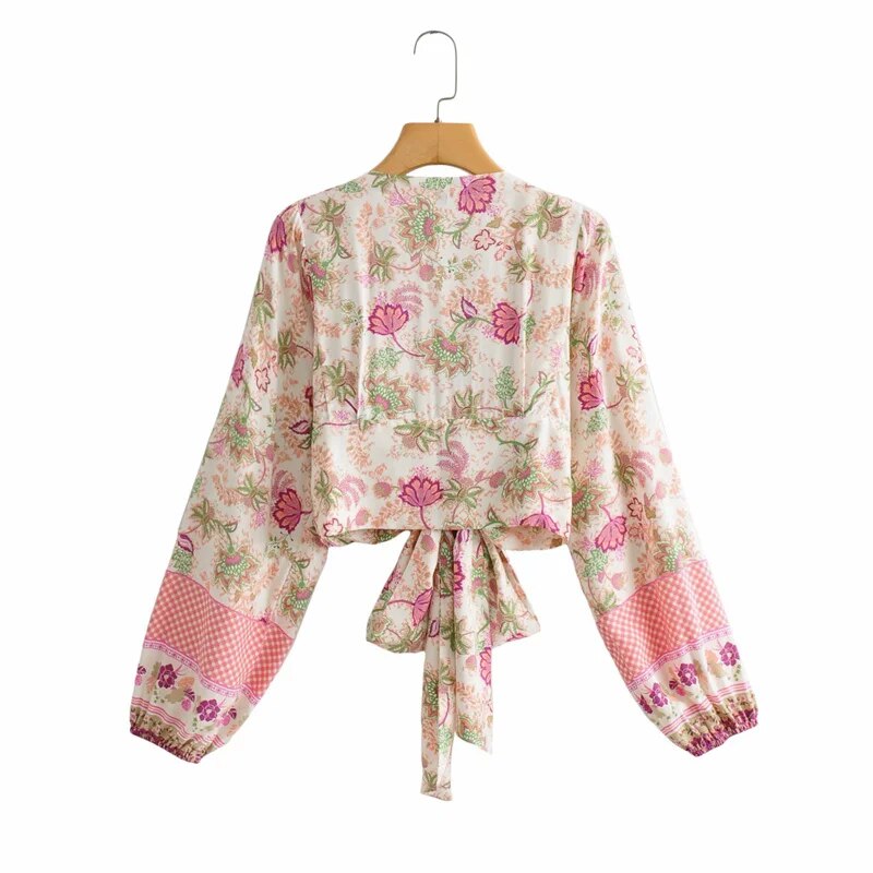 Vintage Floral Printed V Neck Blouse