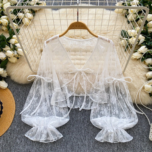 Summer Full Sleeve Sweet Lace Blouses Women Lantern Sleeve Solid Lace Shirts Ladies Sweet Tops Clothes Women Wholesale