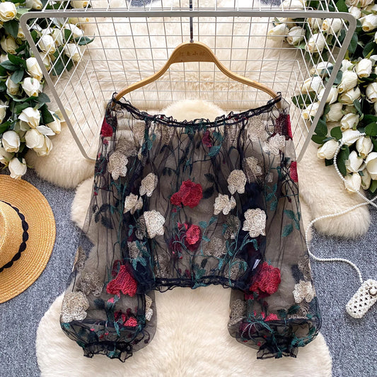 Autumn Full Sleeve Casual Mesh Blouses Women Solid Embroidery Shirts Ladies Casual Tops Clothes Women Wholesale