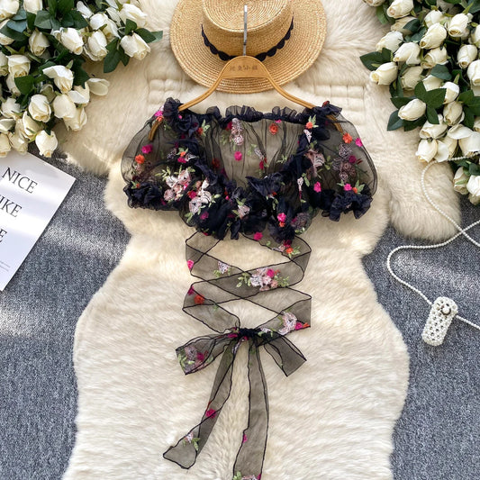 Autumn Short Sleeve Y2K Mesh Blouses Women Puff Sleeve Solid Embroidery Shirts Ladies Y2k Tops Clothes Women Wholesale