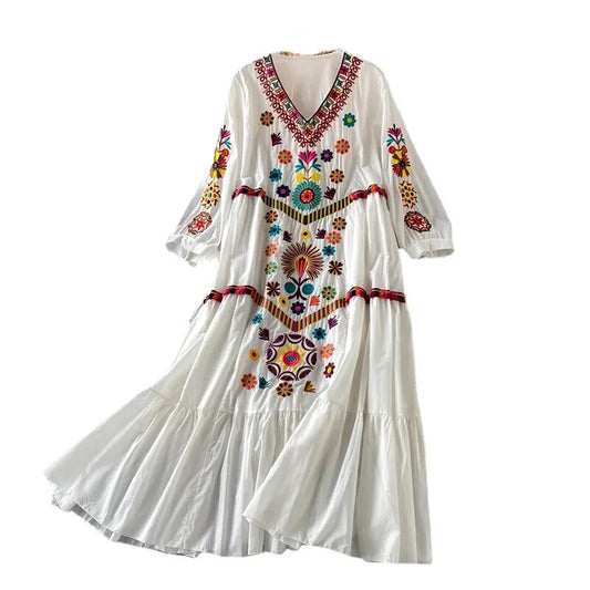 Vintage Women Dress Floral Embroidery Beach Dress