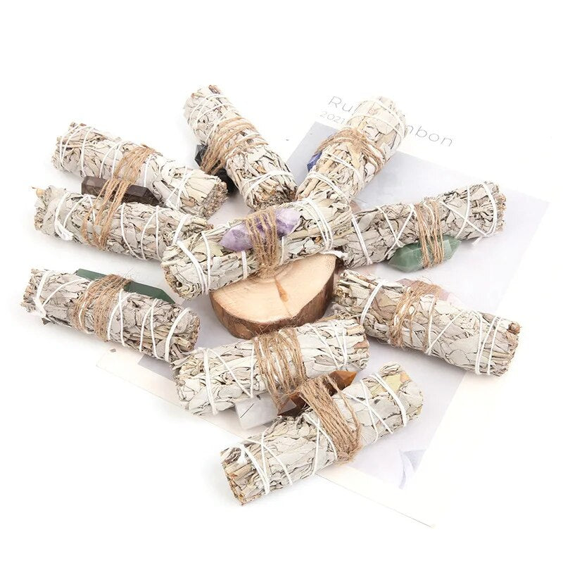 Natural Crystal Stone Amethyst Point Crystal Wand With White Sage