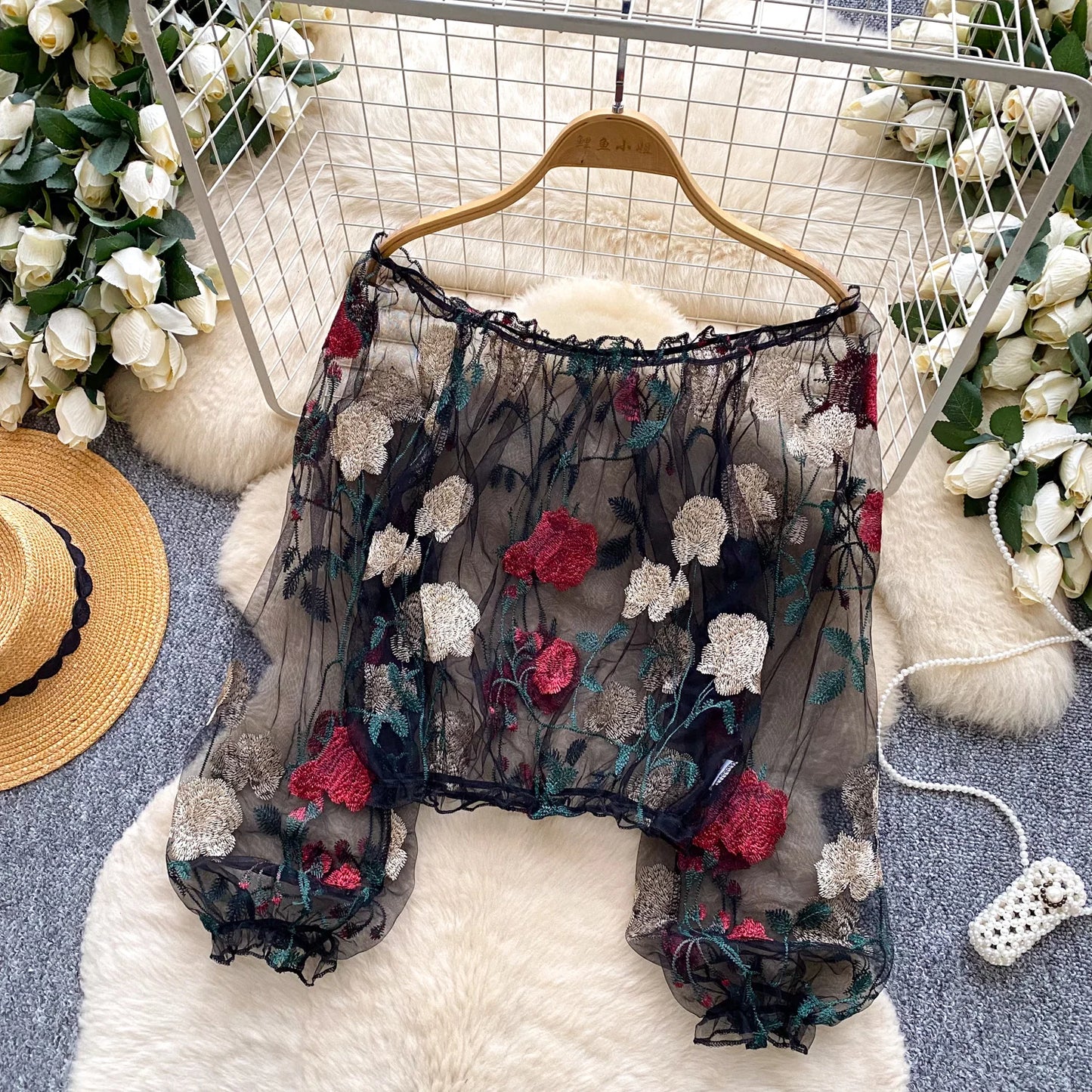 Autumn Full Sleeve Casual Mesh Blouses Women Solid Embroidery Shirts Ladies Casual Tops Clothes Women Wholesale