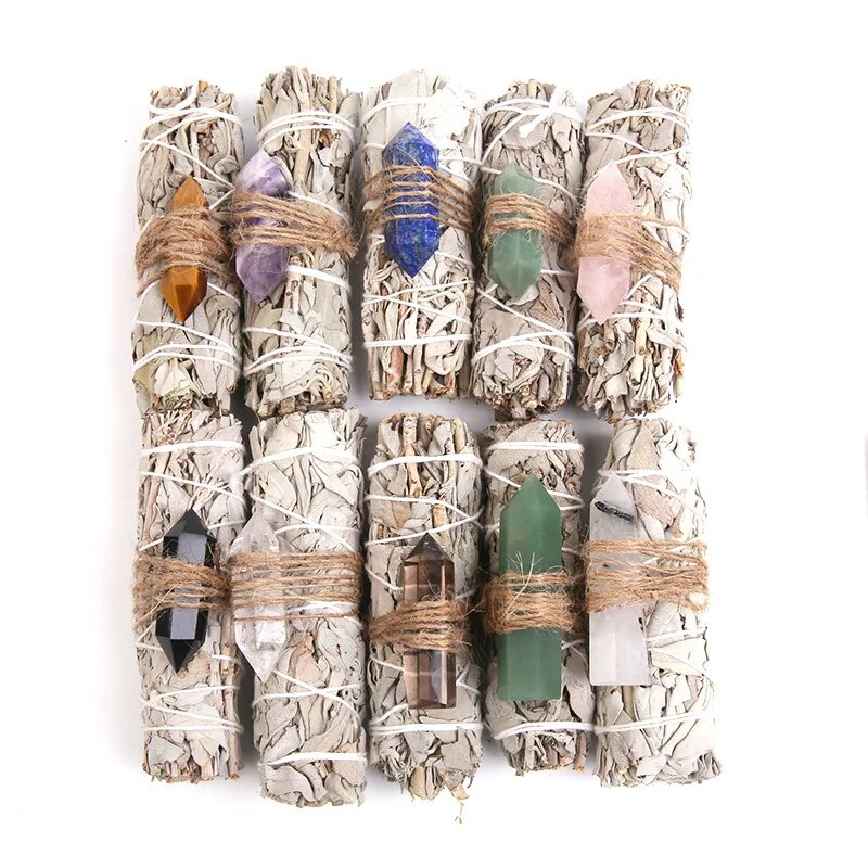 Natural Crystal Stone Amethyst Point Crystal Wand With White Sage