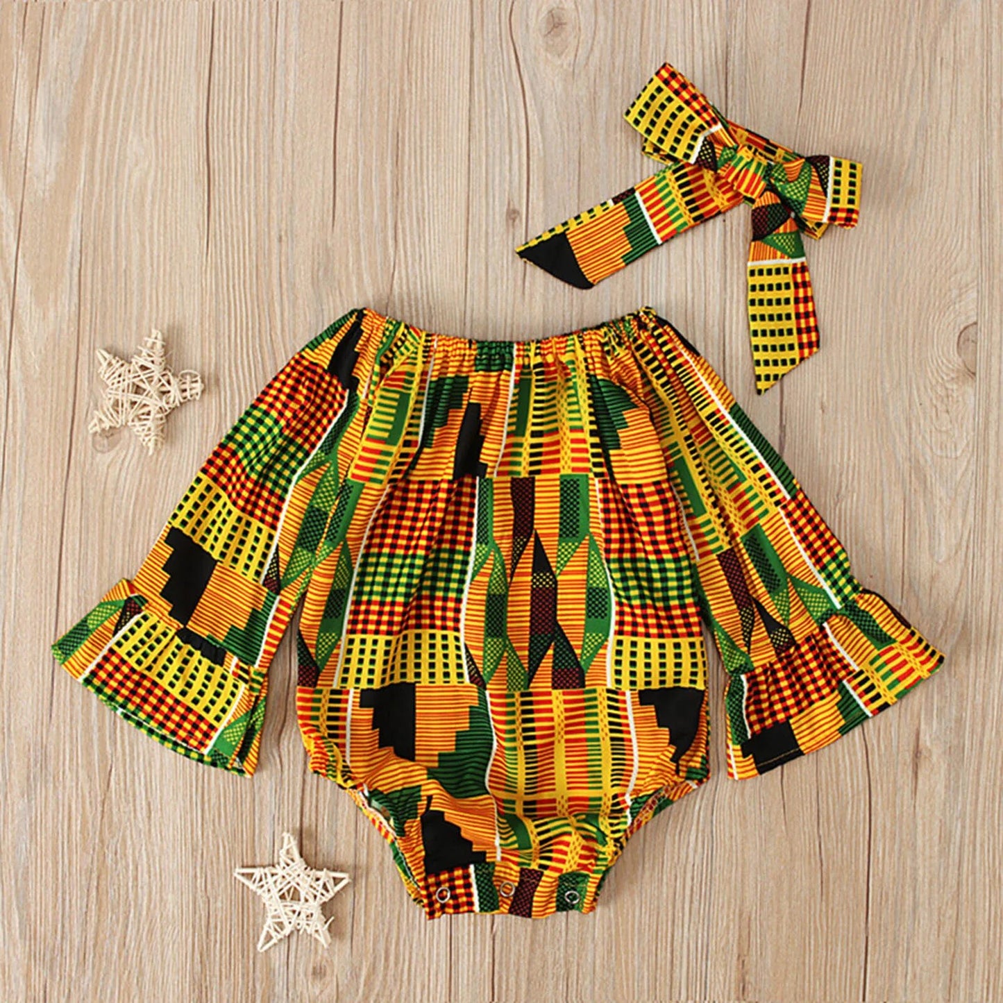 Toddler African Print Off Shoulder Romper + Headband Set