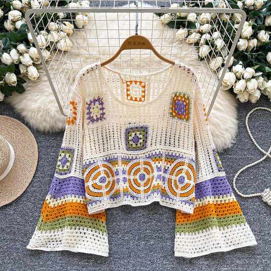 Spring Full Sleeve Bohemian Knitting Blouses Women Solid Hollow Out Shirts Ladies Casual Tops Clothes Women Wholesale