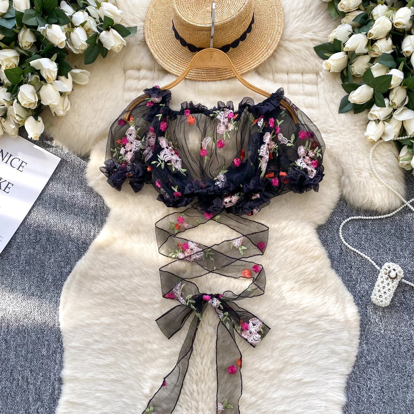 Autumn Short Sleeve Y2K Mesh Blouses Women Puff Sleeve Solid Embroidery Shirts Ladies Y2k Tops Clothes Women Wholesale
