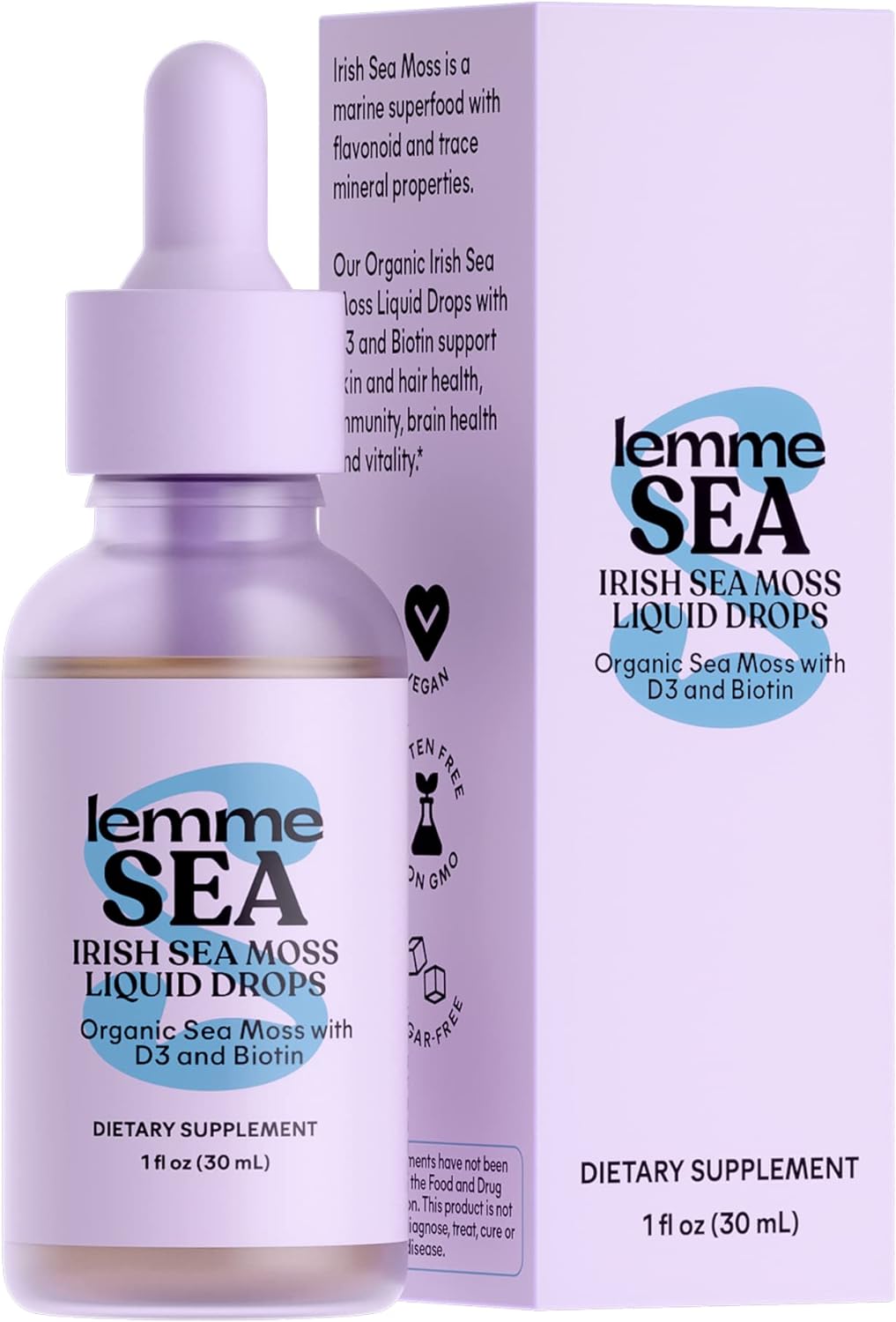 Lemme Irish Sea Moss Organic Liquid Drops with Vitamin D3 and Biotin for Trace Mineral Support- Immunity- Hair- Skin & Nails- Brain Health - Vegan- Gluten Free- Non GMO- Sugar Free- 1 oz- 30 Servings