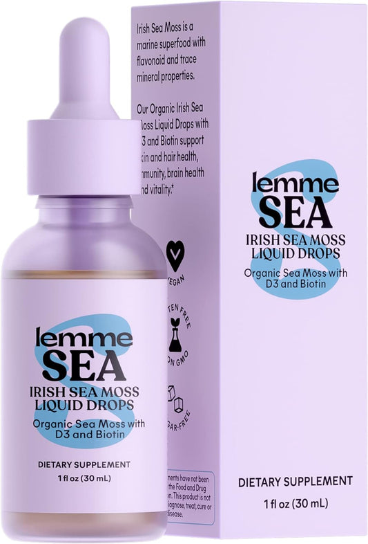 Lemme Irish Sea Moss Organic Liquid Drops with Vitamin D3 and Biotin for Trace Mineral Support- Immunity- Hair- Skin & Nails- Brain Health - Vegan- Gluten Free- Non GMO- Sugar Free- 1 oz- 30 Servings