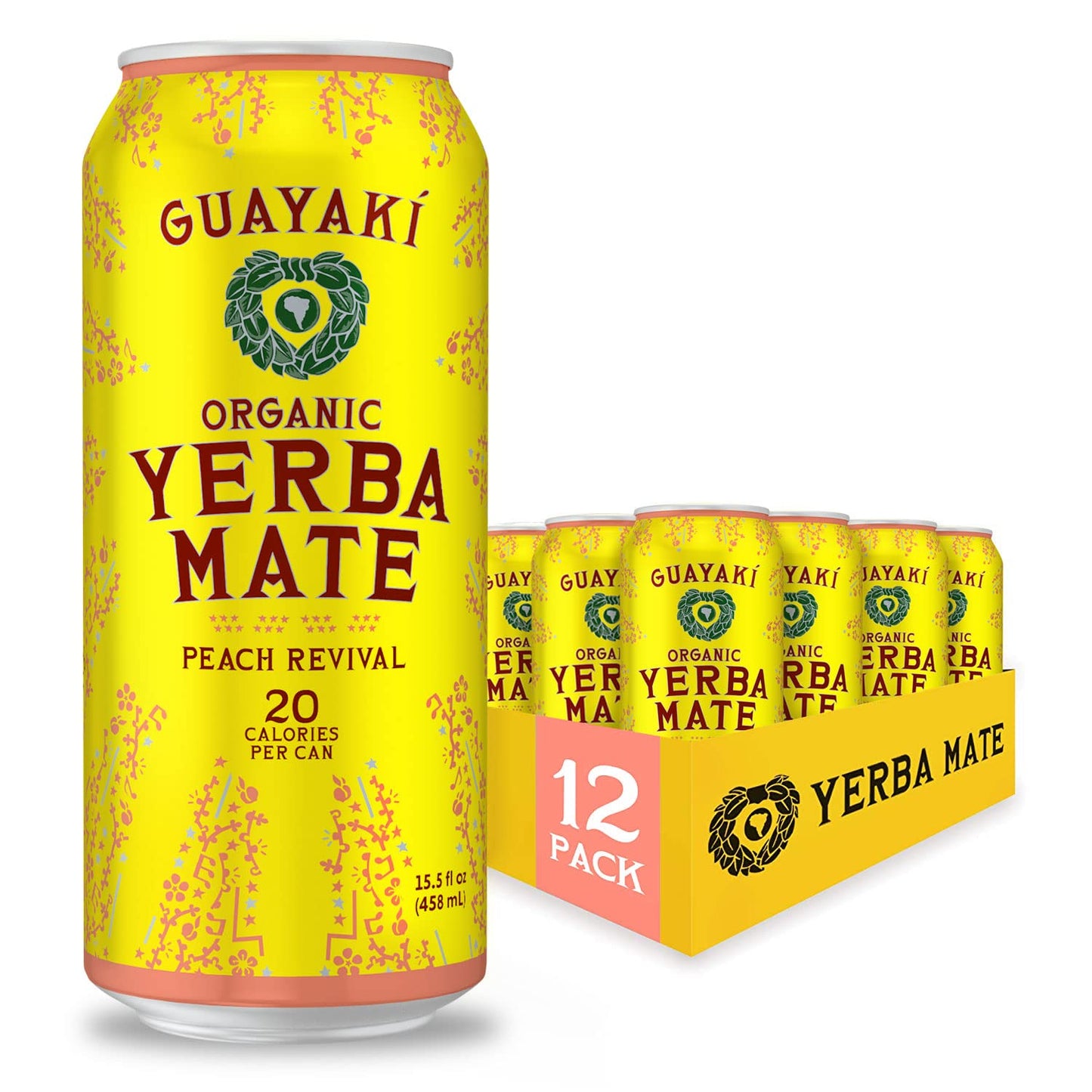 Guayaki Yerba Mate- Clean Energy Drink Alternative- Organic Peach Revival- 15.5oz (Pack of 12)- 150mg Caffeine