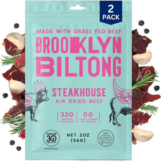 Brooklyn Biltong - Air Dried Grass Fed Beef Snack- South African Beef Jerky - Whole30 Approved- Paleo- Keto- Gluten Free- Sugar Free- (Garlic Steakhouse)