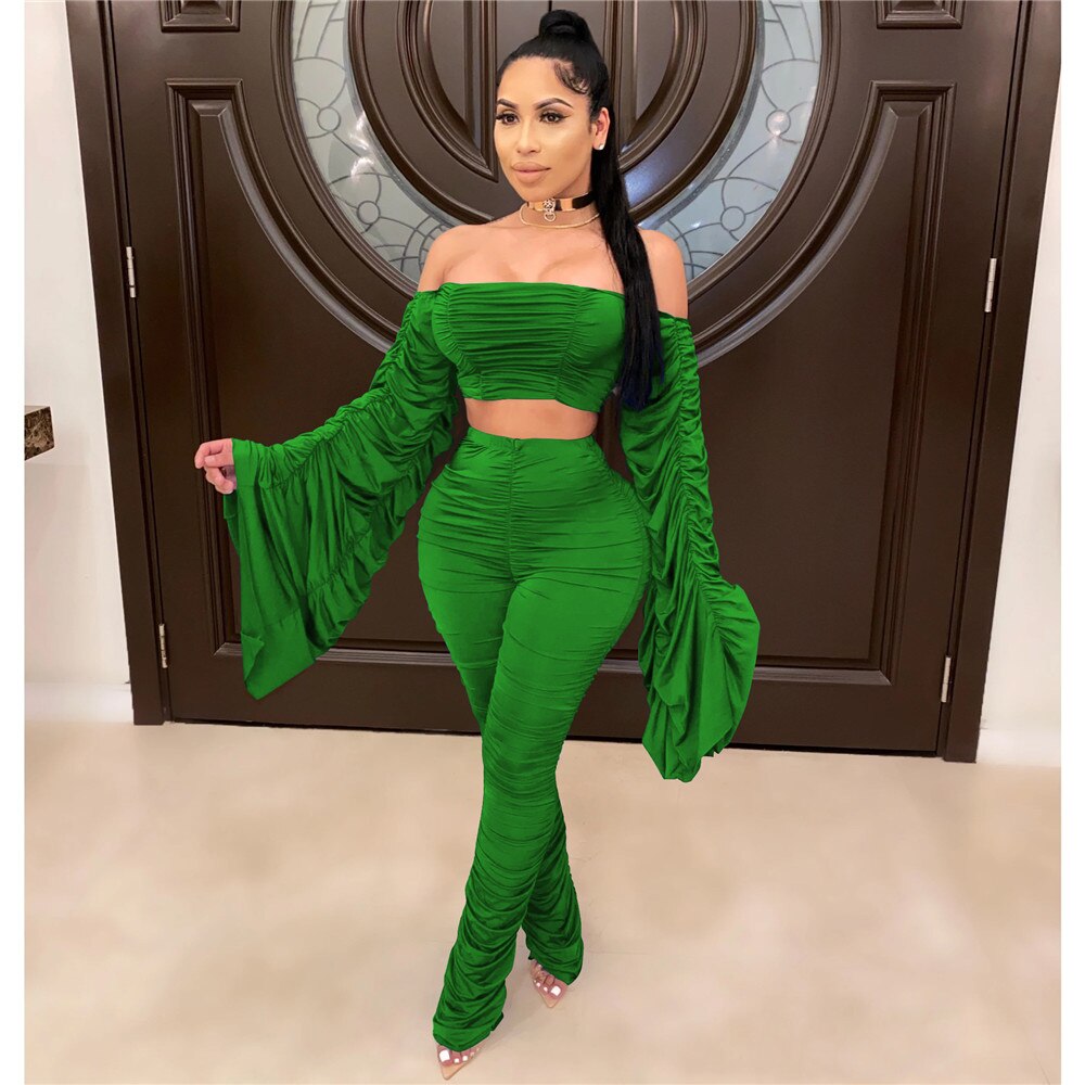 Sexy Two Piece Set Women Festival Clothing Ruched Flare Sleeve Crop Top and Stacked Pants Leggings Birthday Night Club Outfits