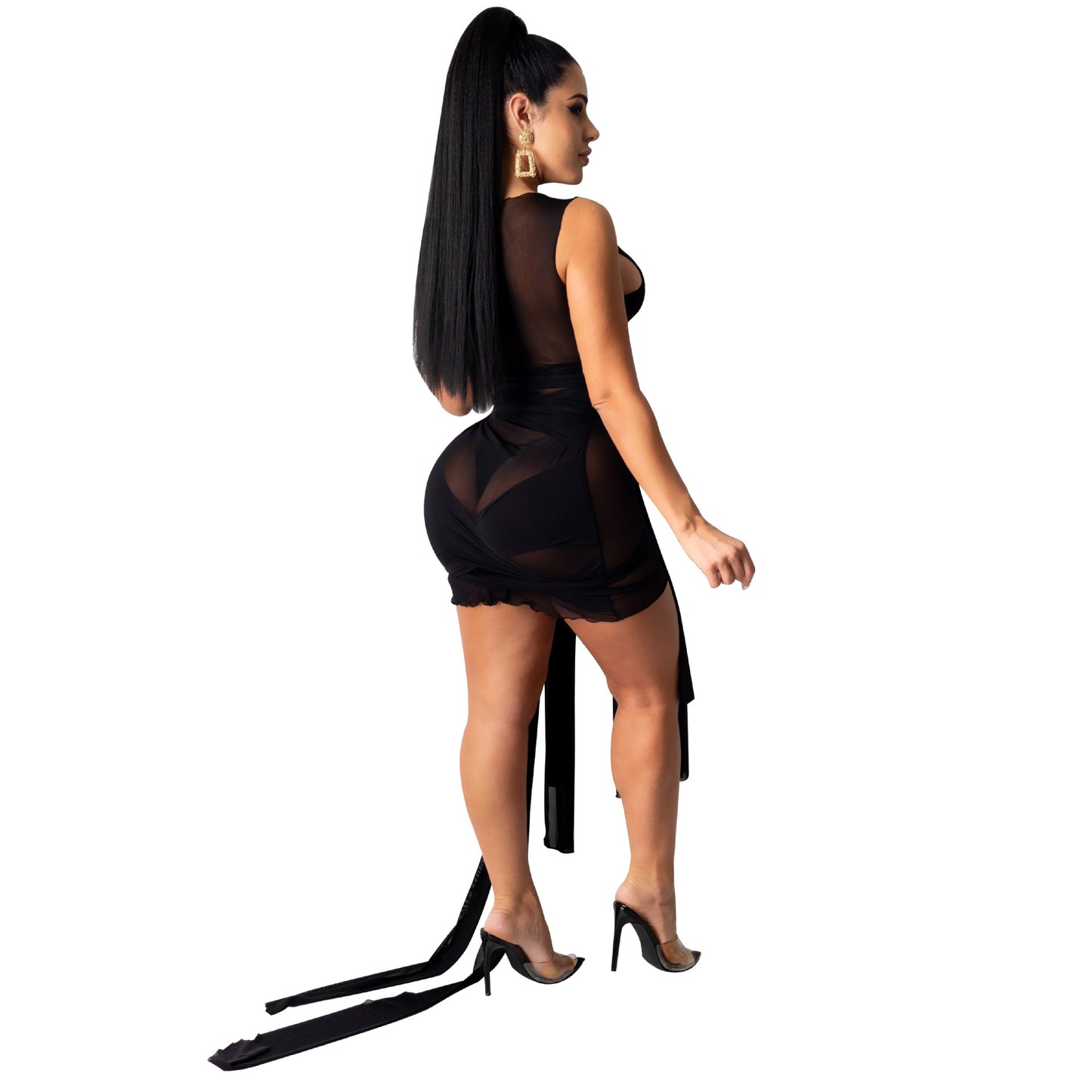 Casual Women Dress Sheer Mesh See Through Bandage Sleeveless Has Stretch Summer Clothes For Women Vestido