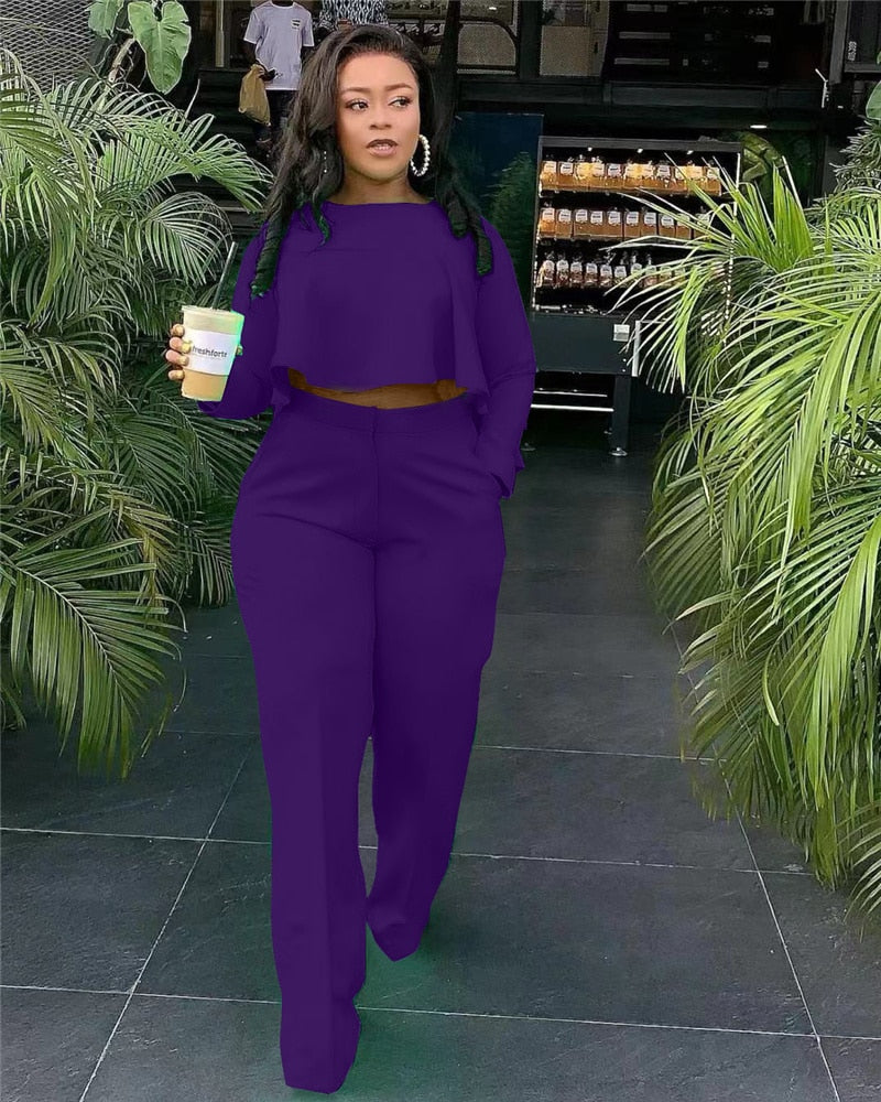 Elegant Work Wear Two Piece Set Fall Clothes for Women Ruffles Crop Top and Wide Leg Pants Suits Matching Sets Sexy Club Outfits