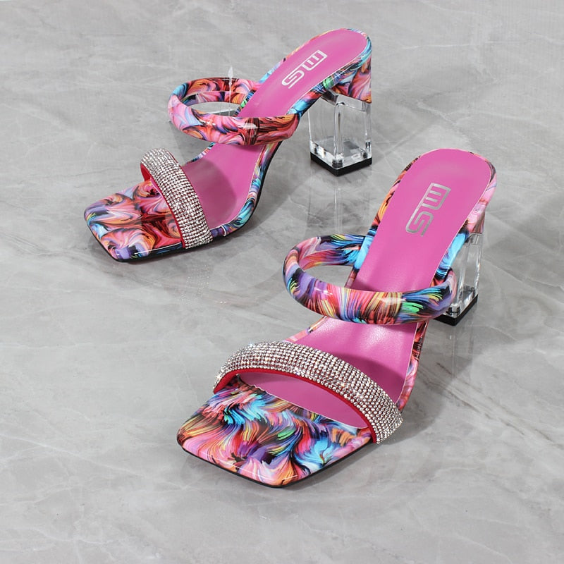 Fashion Sandals Women 2022 Summer New Comfortable Latex Tape Hollow High-heel Sandals Crystal Thick Heels Party Slippers 8.5CM