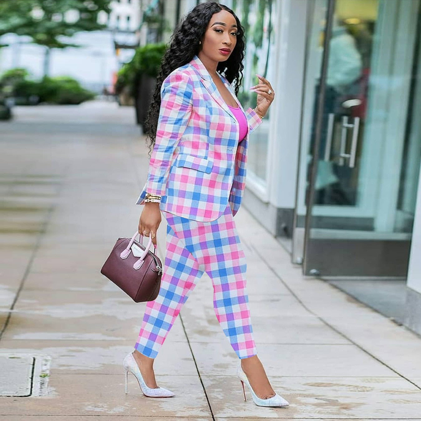 Office Lady Suit Women Autumn New Plaid Print Elegant Business Uniform Sets Notched Neck Blazer And Straight Pants 2 Piece Suits