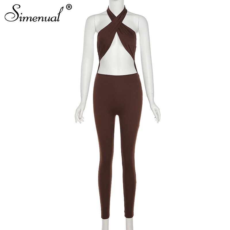 Simenual Criss Cross Halter Rompers Womens Jumpsuit Sportswear Cut Out Streetwear Bodycon Skinny Jumpsuits One Piece Summer 2021