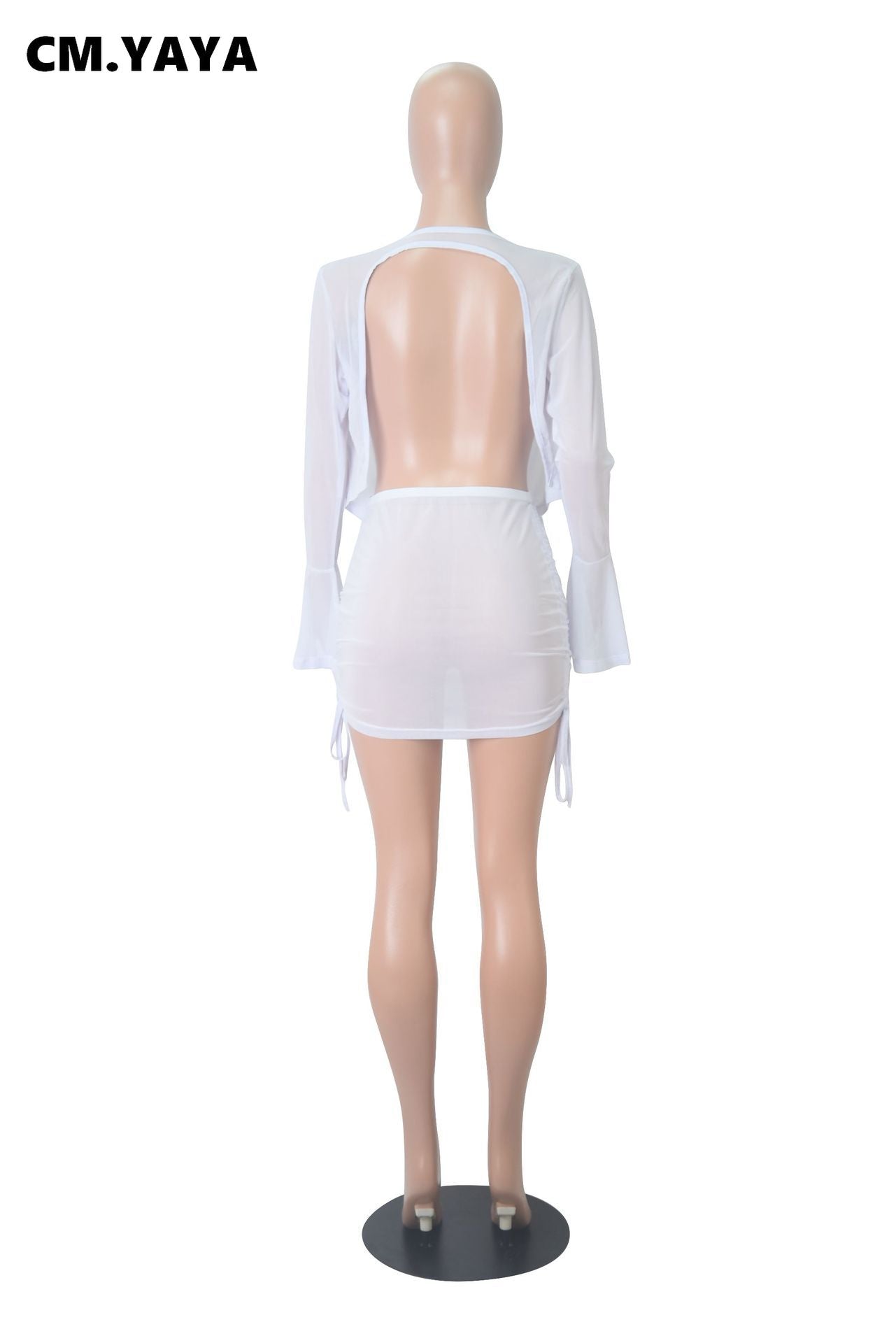 CM.YAYA Women Set Solid Mesh See-through Backless Tops + Shirring Skirts Two 2 Piece Sets Sexy Night Club Party Outfits Autumn