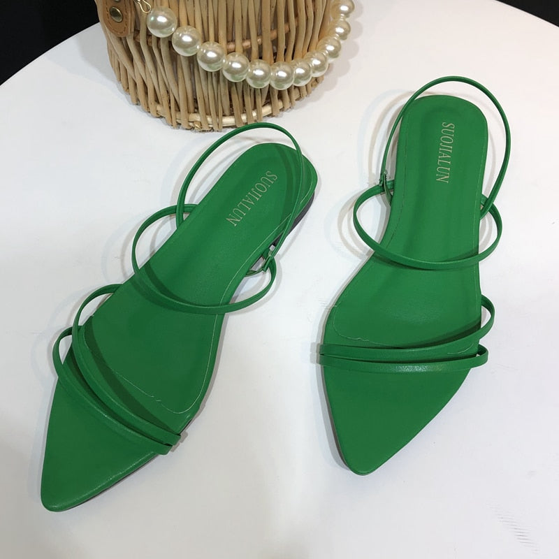 SUOJIALUN Fashion Narrow Band Women Sandals Flat Heel Back Strap Summer Gladiator Shoes Casual Pointed Toe Sandal Big Size 42