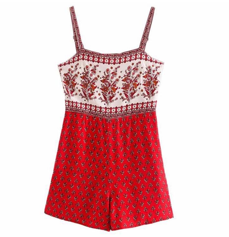 Summer Square Collar Paisley Floral print Bodysuits BOHO Women Back Elastic Short Pants Jumpsuit Spaghetti Strap Romper Overalls