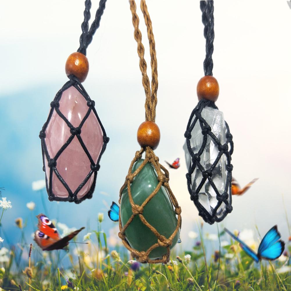 1pcs Necklace Cord Empty Stone Holder Natural Quartz Crystal Raw Stone Chakra Point Healing Fish Netted Indians Amulets Pendant