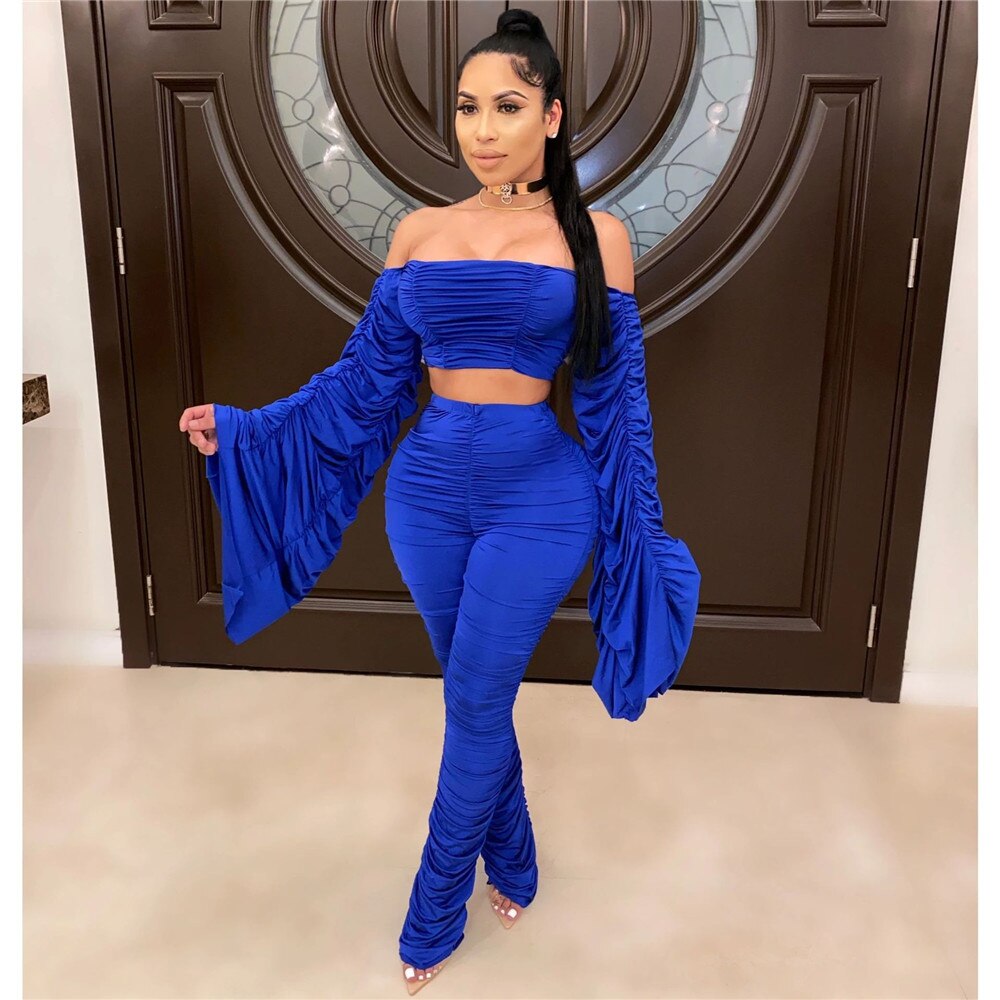 Sexy Two Piece Set Women Festival Clothing Ruched Flare Sleeve Crop Top and Stacked Pants Leggings Birthday Night Club Outfits
