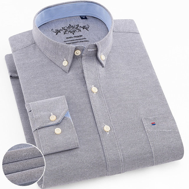 Men's Regular-Fit Long-Sleeve Sturdy Knit Oxford Shirt Plaid Striped Embroidered Pocket Button-down Casual Versatile Shirts