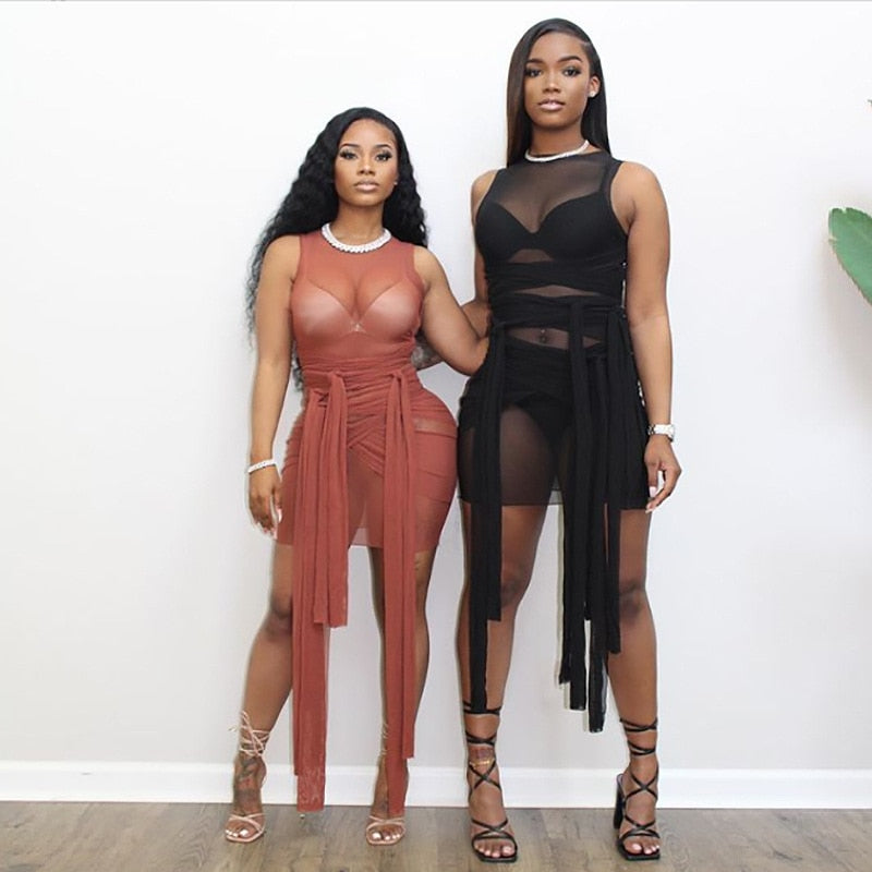 Casual Women Dress Sheer Mesh See Through Bandage Sleeveless Has Stretch Summer Clothes For Women Vestido