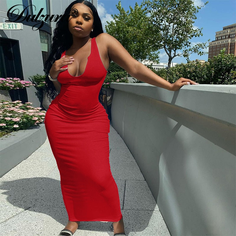 Dulzura Ribbed Knitted Stripe Women Pure Sleeveless Midi Dress V Neck Bodycon Sexy Streetwear Party Club Elegant 2021 Summer