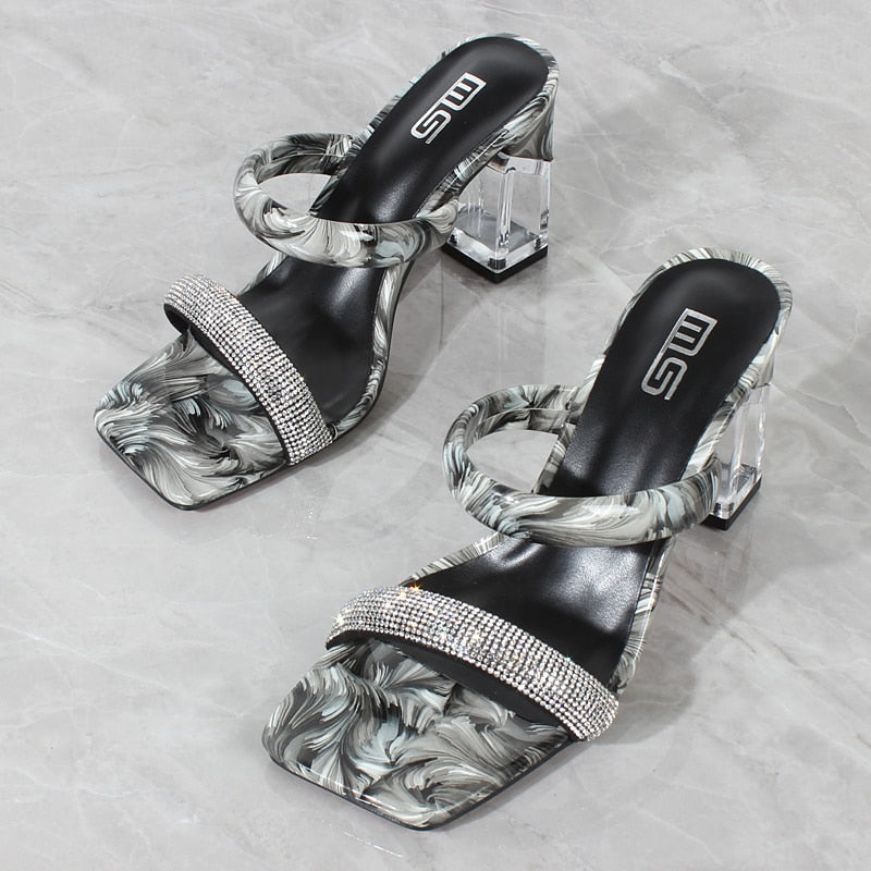 Fashion Sandals Women 2022 Summer New Comfortable Latex Tape Hollow High-heel Sandals Crystal Thick Heels Party Slippers 8.5CM