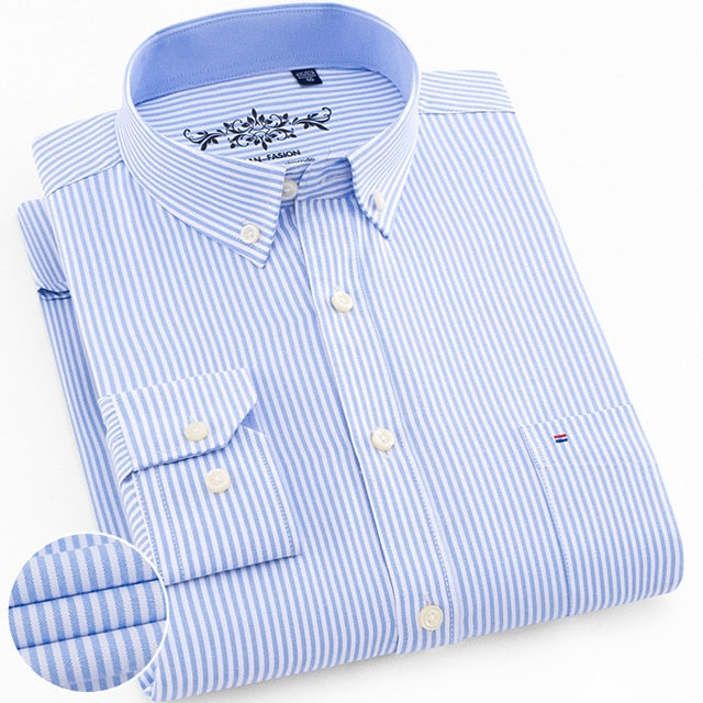Men's Regular-Fit Long-Sleeve Sturdy Knit Oxford Shirt Plaid Striped Embroidered Pocket Button-down Casual Versatile Shirts