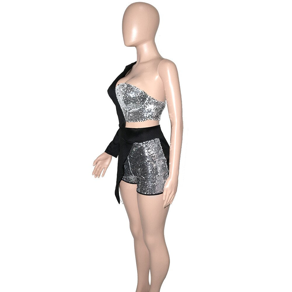 Sexy Sequins Women Jumpsuit One Shoulder Color Patchwork High Streetwear Short Romper Women Jumpsuit Outfit