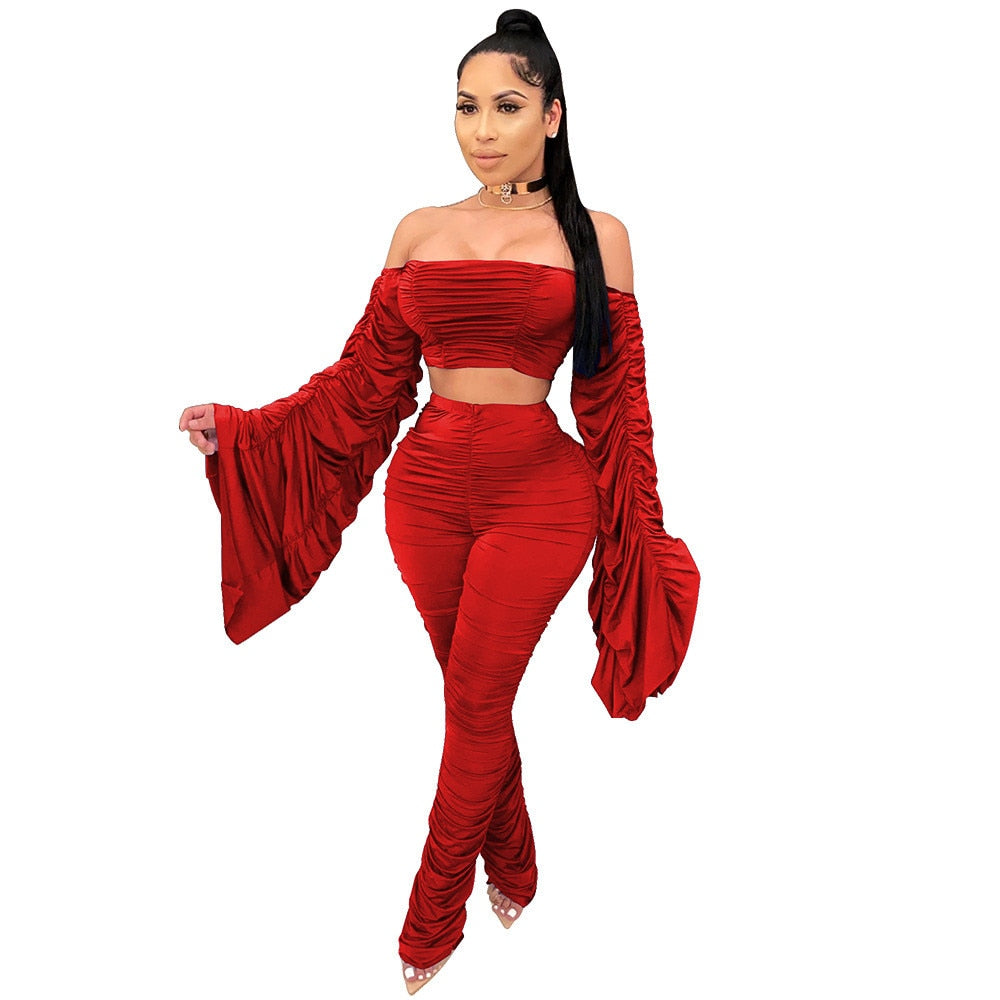Sexy Two Piece Set Women Festival Clothing Ruched Flare Sleeve Crop Top and Stacked Pants Leggings Birthday Night Club Outfits