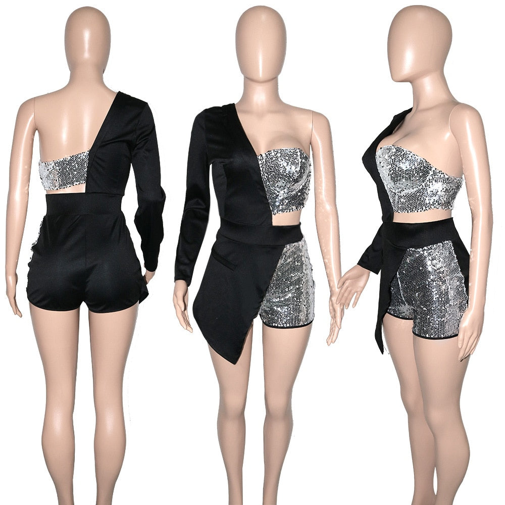 Sexy Sequins Women Jumpsuit One Shoulder Color Patchwork High Streetwear Short Romper Women Jumpsuit Outfit