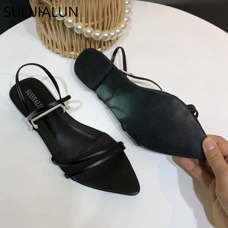 SUOJIALUN Fashion Narrow Band Women Sandals Flat Heel Back Strap Summer Gladiator Shoes Casual Pointed Toe Sandal Big Size 42