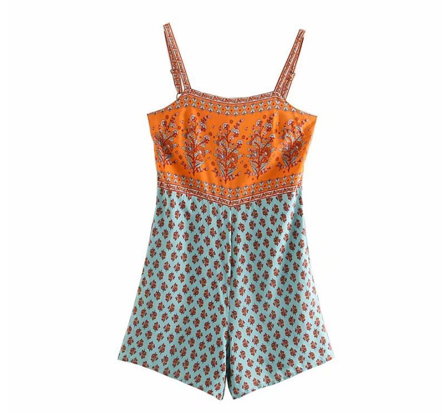 Summer Square Collar Paisley Floral print Bodysuits BOHO Women Back Elastic Short Pants Jumpsuit Spaghetti Strap Romper Overalls