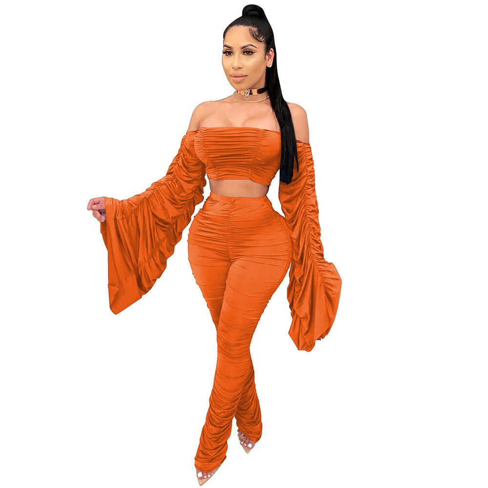 Sexy Two Piece Set Women Festival Clothing Ruched Flare Sleeve Crop Top and Stacked Pants Leggings Birthday Night Club Outfits