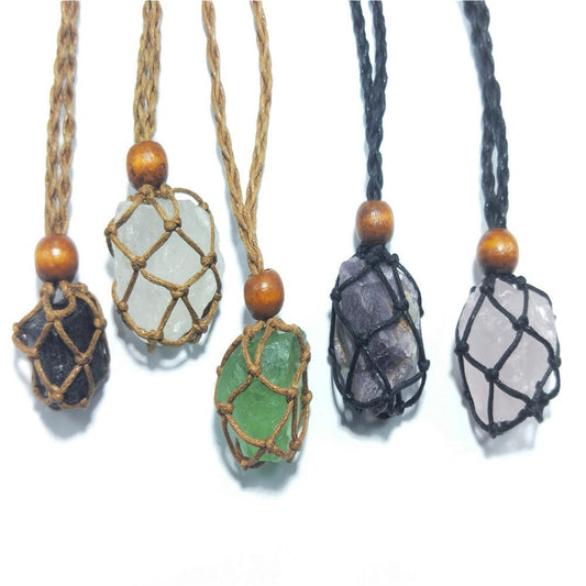 1pcs Necklace Cord Empty Stone Holder Natural Quartz Crystal Raw Stone Chakra Point Healing Fish Netted Indians Amulets Pendant