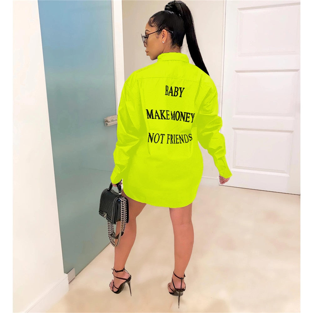 Letter Print Turn-Down Collar Button Shirt Dress Women Fall Clothes Long Sleeve Mini Dress Ladies Party Club Casual Autumn Dress